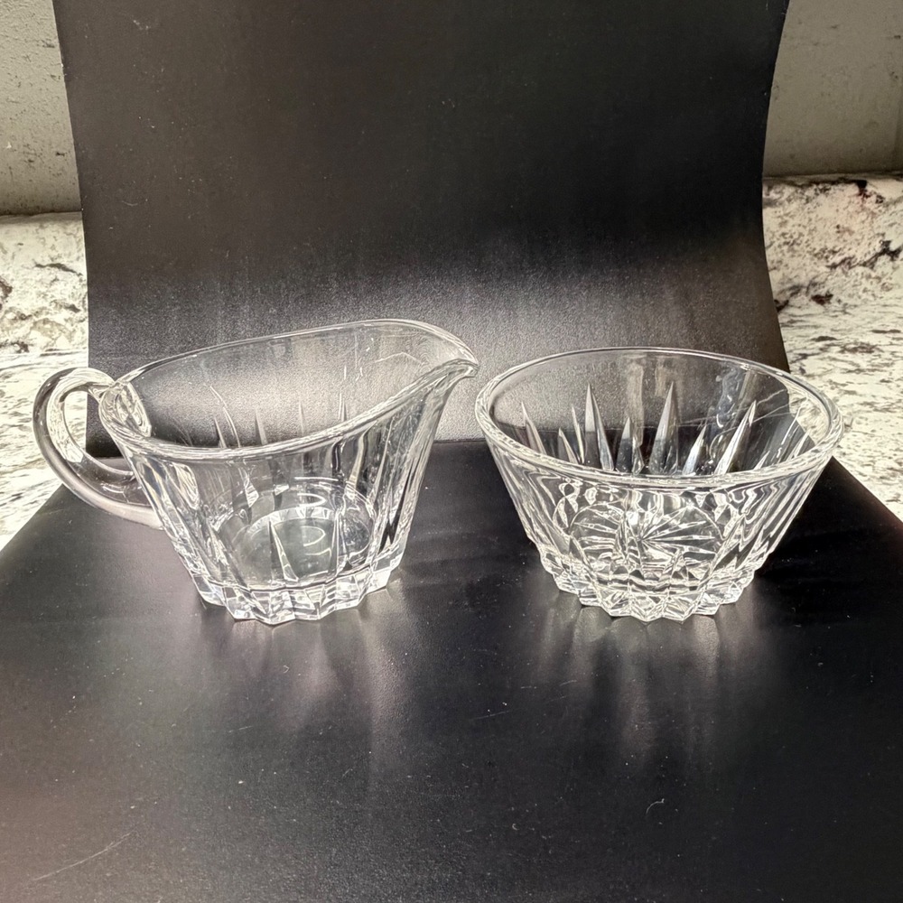 Val St Lambert Crystal Creamer and Sugar Bowl Set Signed Clear Cut Glass Belgian